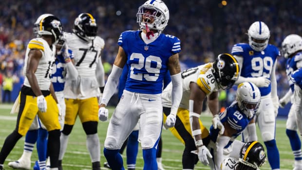 Dec 16, 2023; Indianapolis, Indiana, USA; Indianapolis Colts cornerback JuJu Brents (29) celebrates a tackle in the first half against the Pittsburgh Steelers at Lucas Oil Stadium.